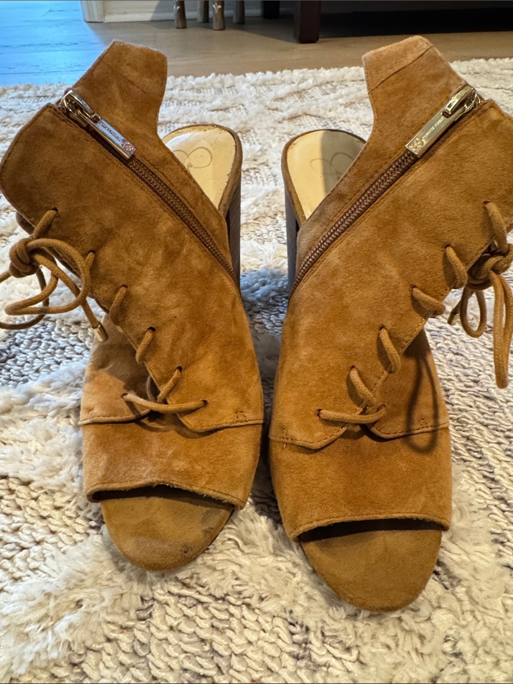 Jessica Simpson Tan Suede Lace-Up Peep Toe Heels with Side Zipper